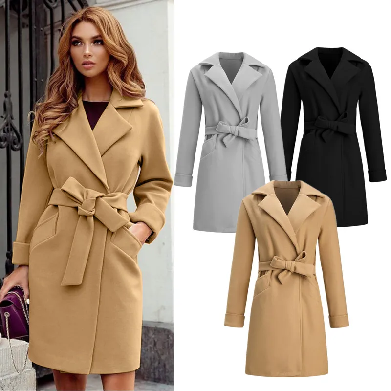 

Fashion Women's Elegant Slim Long Wool Coat with Belt Ladies Solid Color Turndown Collar Long Outerwear Windbreaker Jacket
