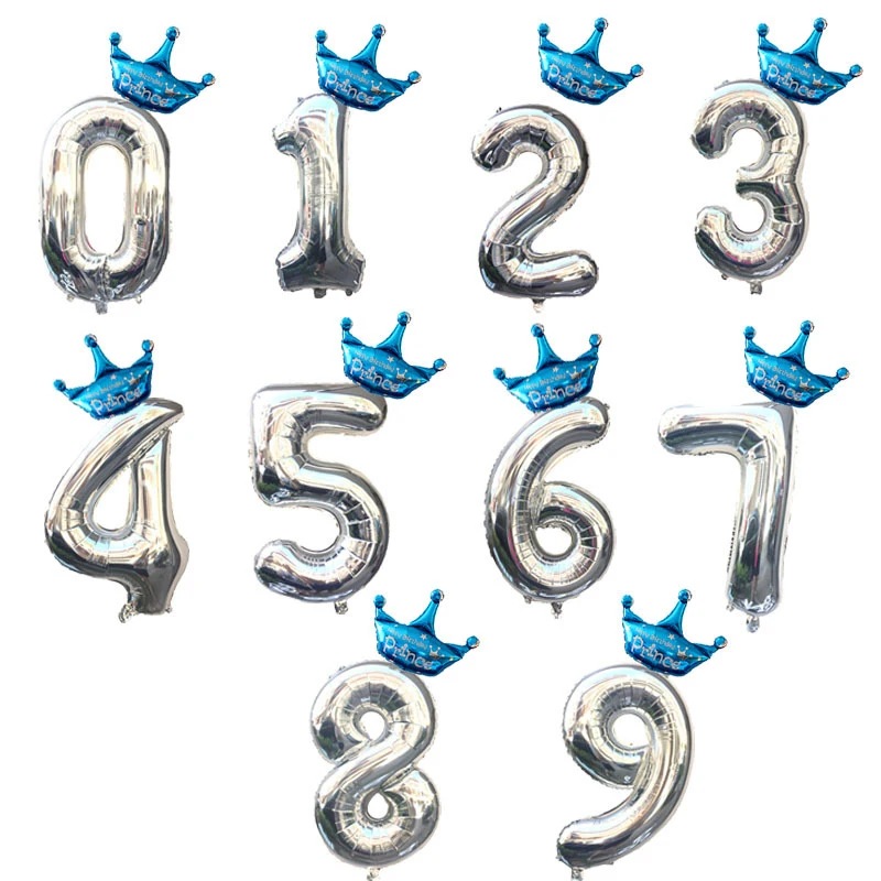 

2pcs 32inch Sliver Blue Crown Number Foil Balloons Digit Balloon Child Adult Kids Birthday Wedding Decor Party Festival Supplies
