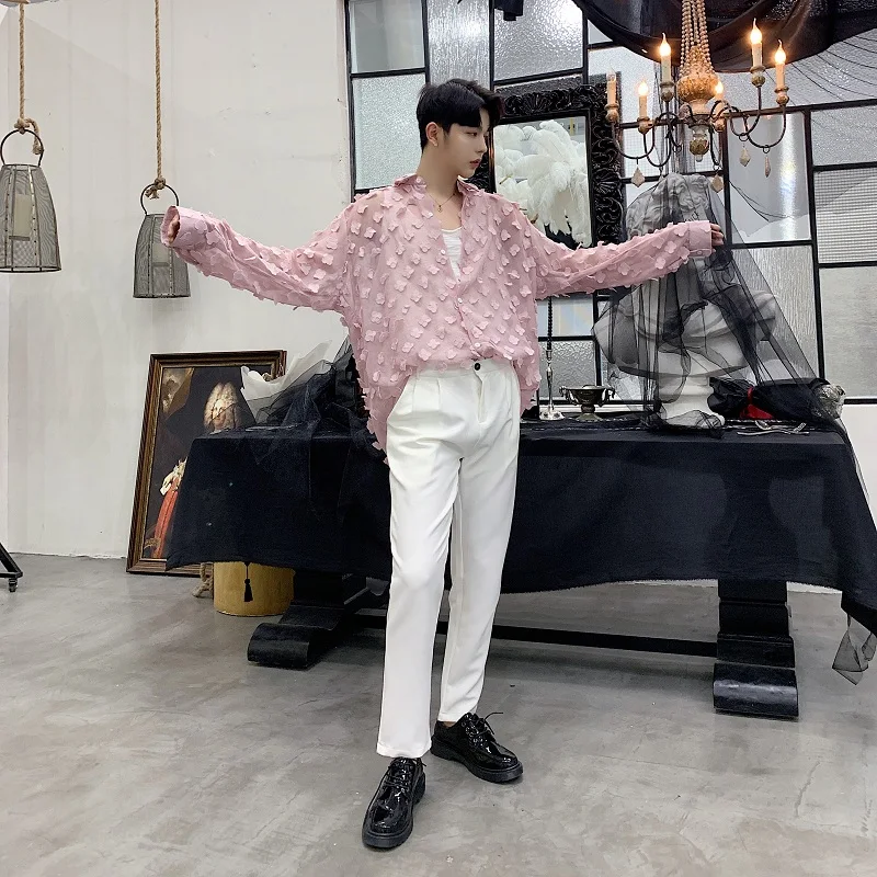 

Long Men Loose Sleeve Thin Translucent Sexy Casual Shirts Male Women Lovers Streetwear Hip Hop Pink Party Dress Shirts