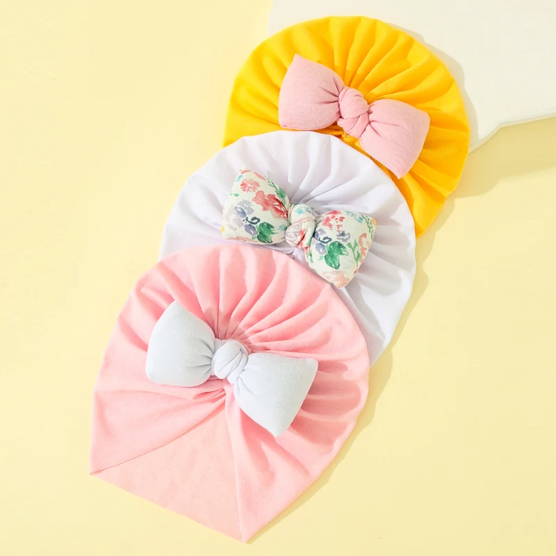 

3Pcs/Set Baby Cap Bow Tie Fashion Baby Hat Solid Turban a Headscarf for Girl Elastic Caps for Girls Baby Infant Accessories