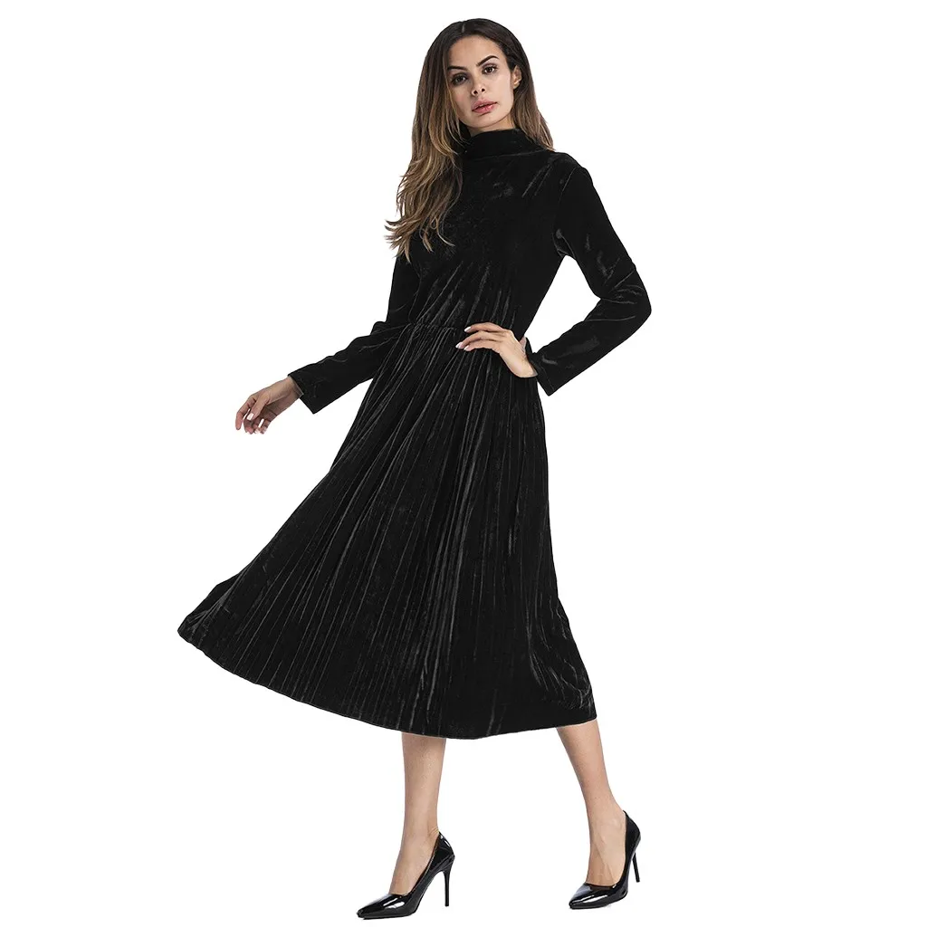 Formal Dress Women Elegant Sweet Evening Dresses 2019 Autumn Winter Ladeis Black Turtleneck Long Sleeve Sundress vestidos | Женская