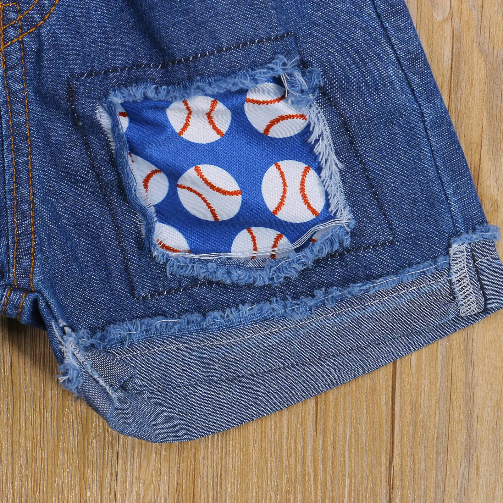 

2Pcs Little Girls Outfit Toddlers Round Collar Short Sleeve Letter Heart Top + Baseball Printing Splicing Ripped Denim Shorts