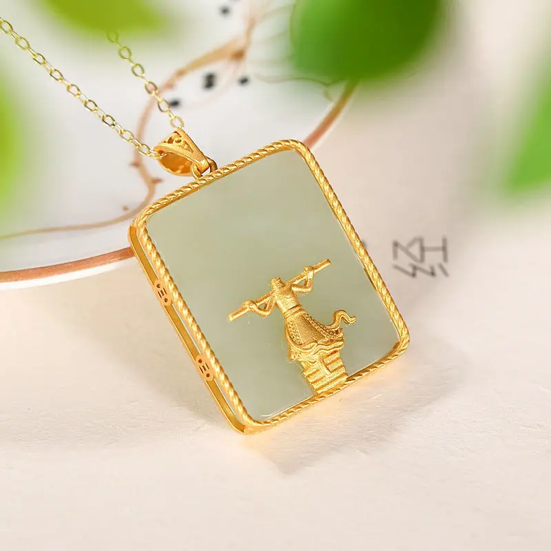 Природный Hetian сапфир Qitian Dasheng геометрические Золотые заполненные ожерелья китайские ретро очаровательные женские брендовые серебряные ювелирные изделия