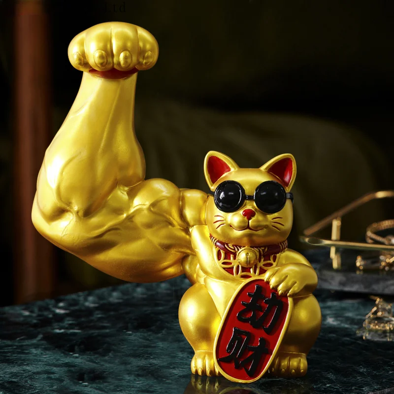

Golden Muscle Arm Lucky Cat Ornaments Resin Crafts Living Room Cute Animal Cats Model Gift Creative Modern Home Decoration