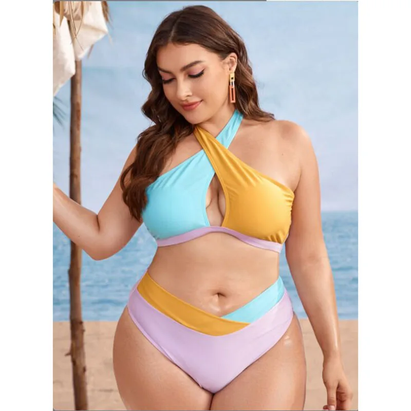 

Women Halter Cross Bandage Swimwear Women's Sexy Hollow Out Two Piece Bikini Set Brazilian Patchwork Color High Waisted Bathsuit