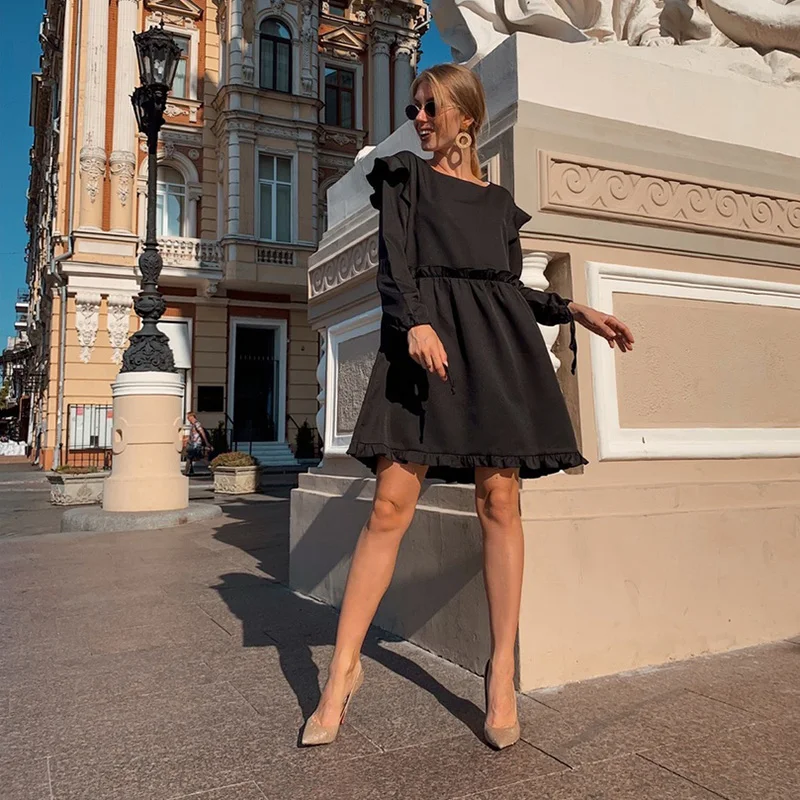 Для женщин Повседневное оборками свободное платье для девушек длинный рукав