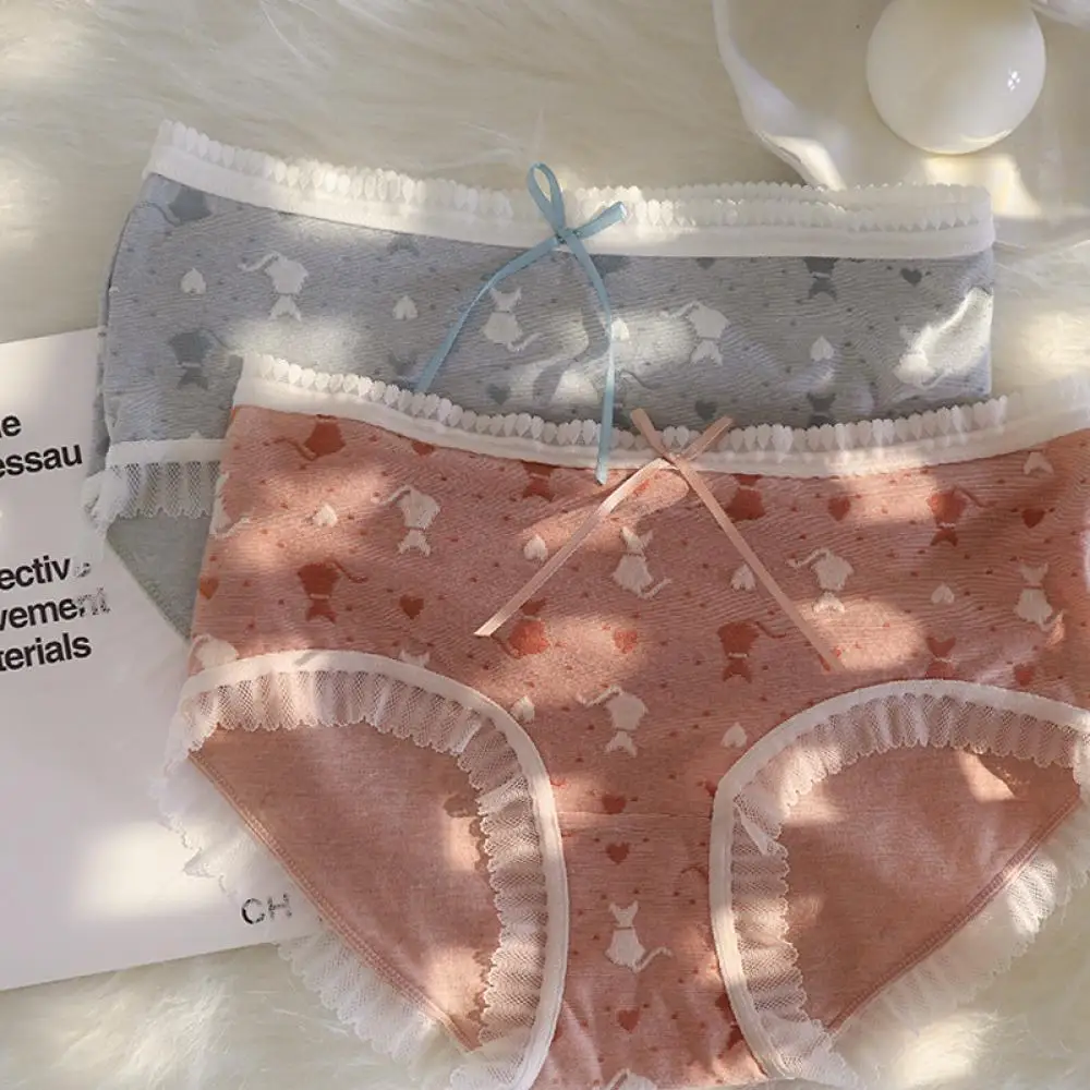 

Bowknot Sexy Lace Cotton Seamless Kitten Panties Female Student Mid Waist Pure Cotton Ladies Briefs Cotton Solid Panties Women