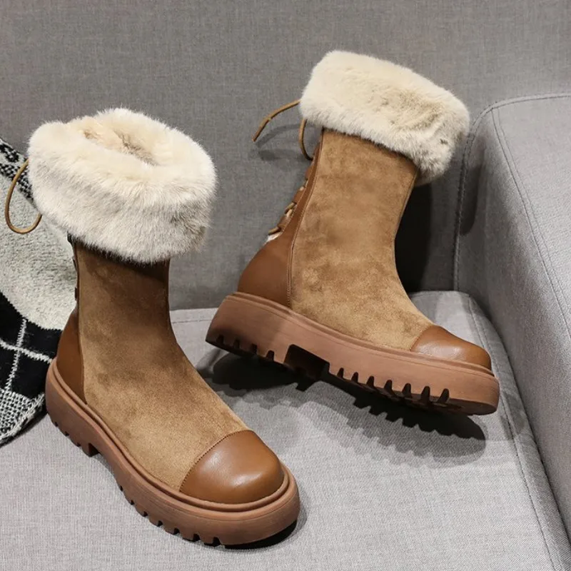 Женские меховые сапоги женская зимняя обувь женские повседневные до середины