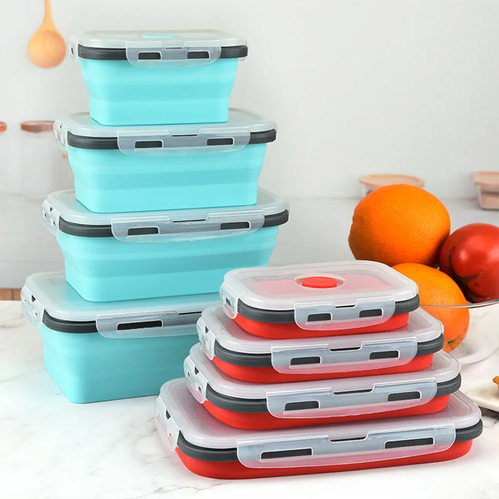 

3/4 PCs Set Silicone Student Lunch box Rectangular Foldable Disposable Reusable Compartment Bento Food Container Picnic Supplies