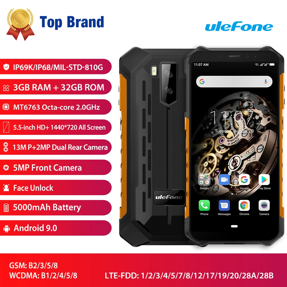 

Ulefone ARMOR X5 IP68/IP69K NFC 4G Smartphone Android 9.0 13MP+2MP 3GB RAM 32GB ROM 5.5 inch Face unlock 5000mAh Mobilphone
