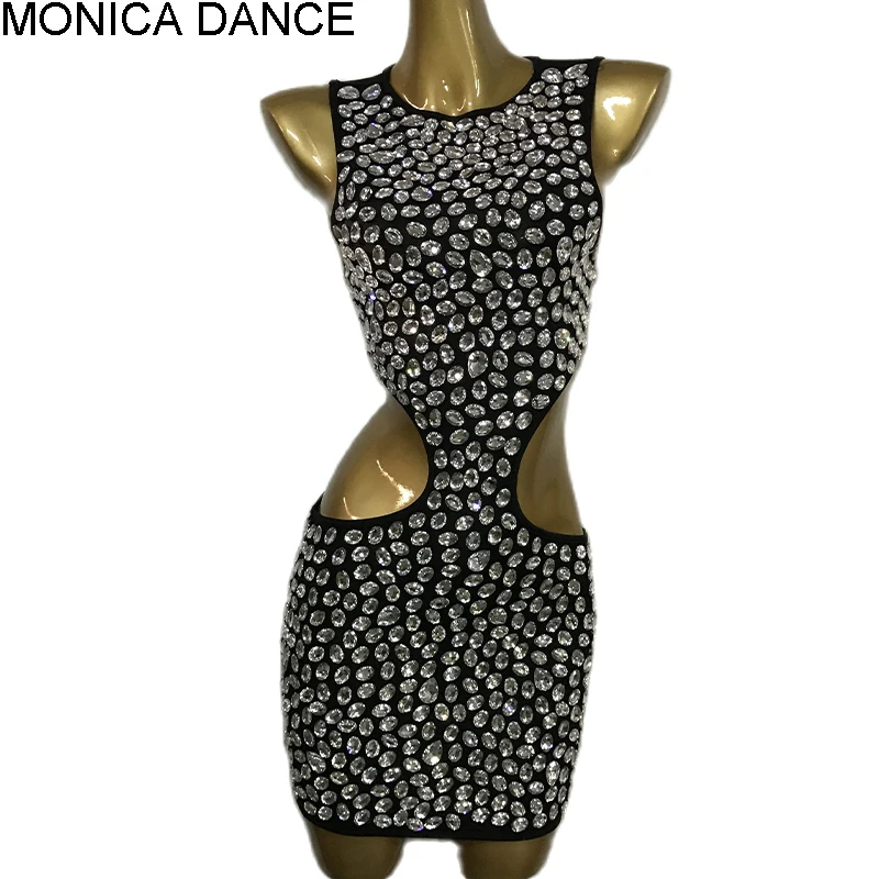 

Женский сексуальный костюм блестящее серебряное Стразы черное платье с большими камнями полый наряд певец вечернее сценическое платье на ...