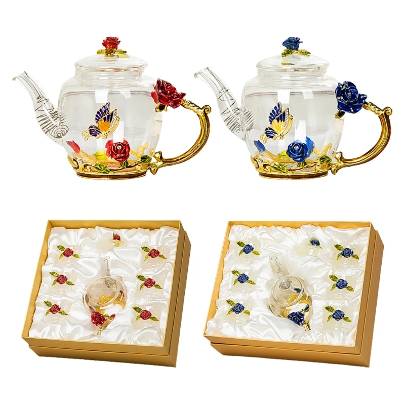 

Glass Teapot - Enamel Rose Flower Butterfly Decoration Heat Resistant Glass Teapot Kettle with Strainer for Blooming Te