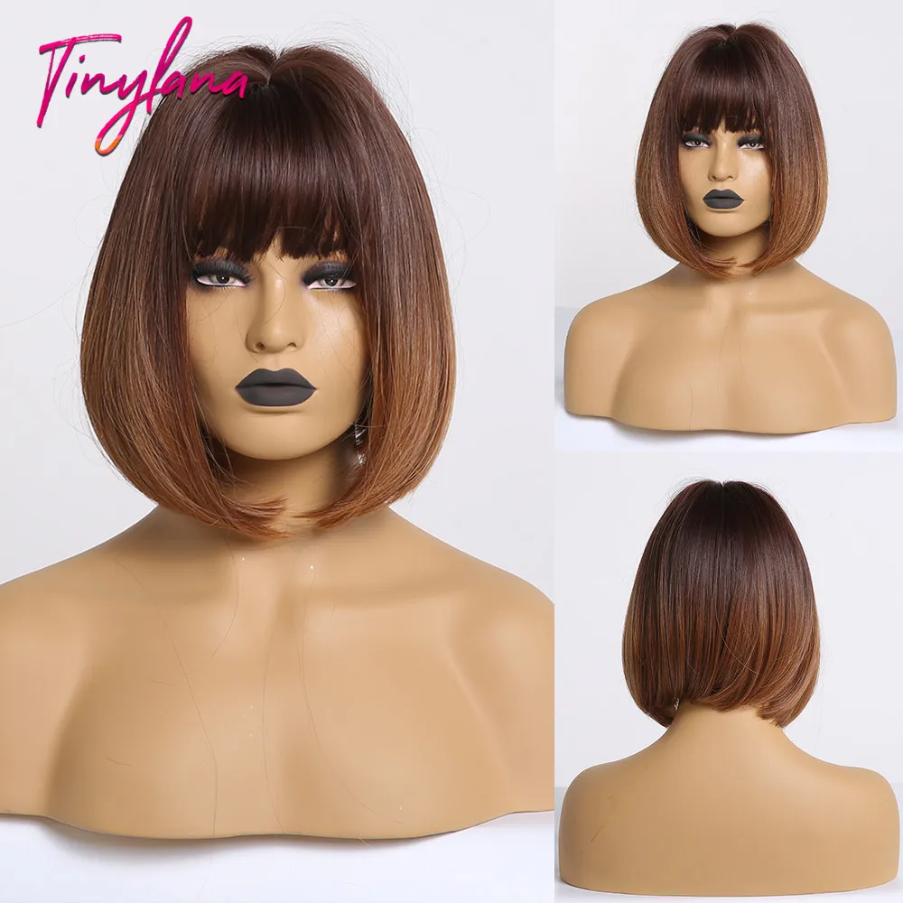 

TINY LANA Straight Dark Brown Synthetic Wigs with Bangs for Women Short Bob Wig Heat Resistant Bobo Hairstyle for Cosplay