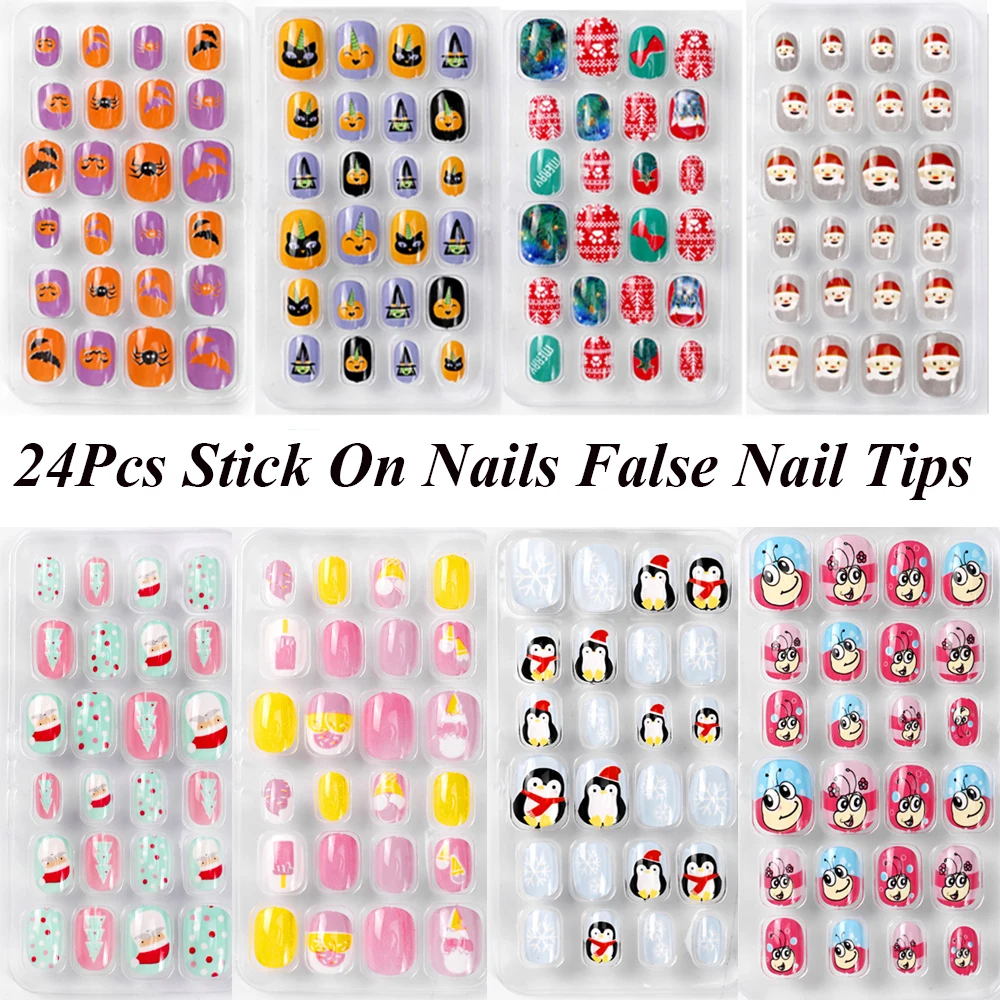 Накладные ногти для детей 24 шт. яркие Мультяшные накладные детские розовые