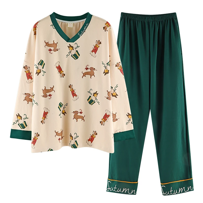 

cotton Pajamas Women's Fashion Sleepwear Sets Long Sleeve Pyjamas Suit V-neck Femme Loose Nightwear Ladies Home Leisure Suit