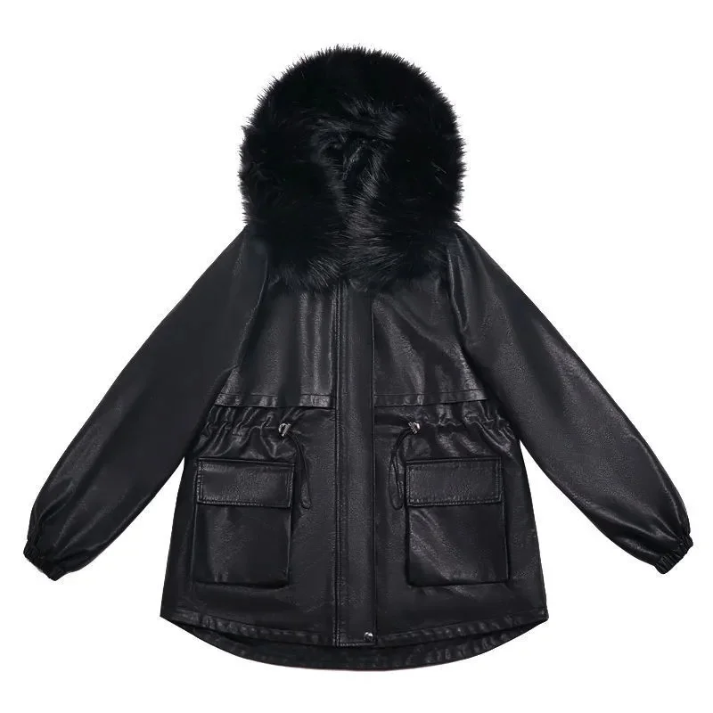 Large Fur Collar Plus Velvet Leather Cotton Coat In The Long Section 2021 New Style Fashionable Leather Coat Winter Jacket Women