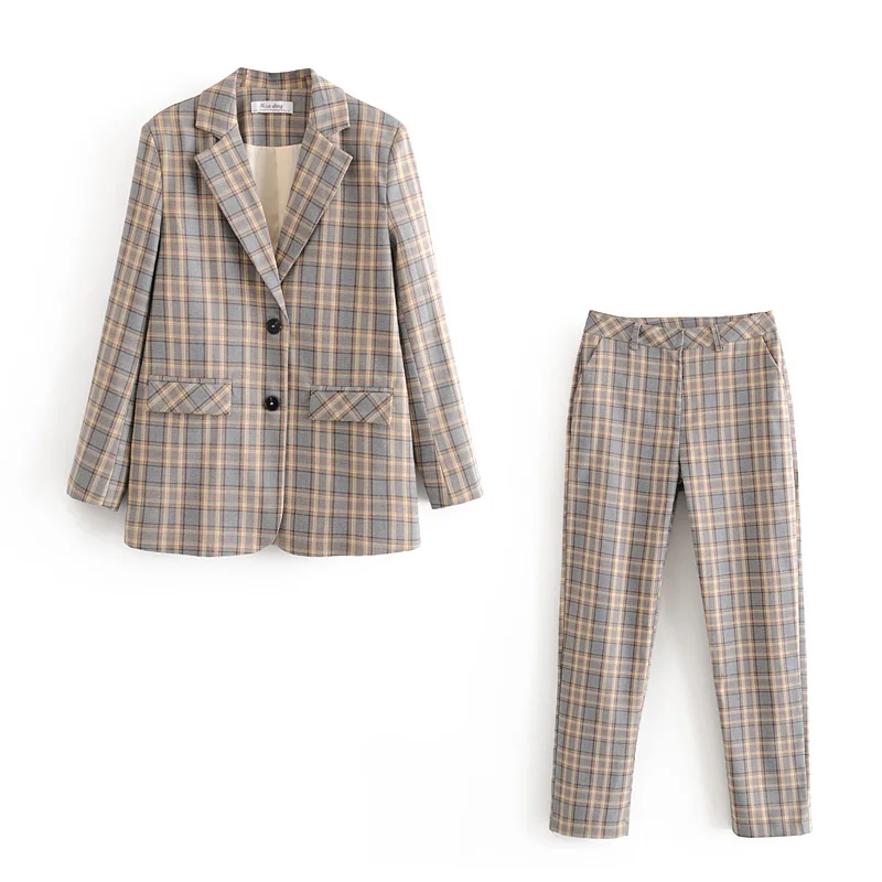 

2021 New Spring and Autumn New Women's Pants Suit 2-piece High Quality Slim-fit Plaid Ladies Jacket Casual Trousers