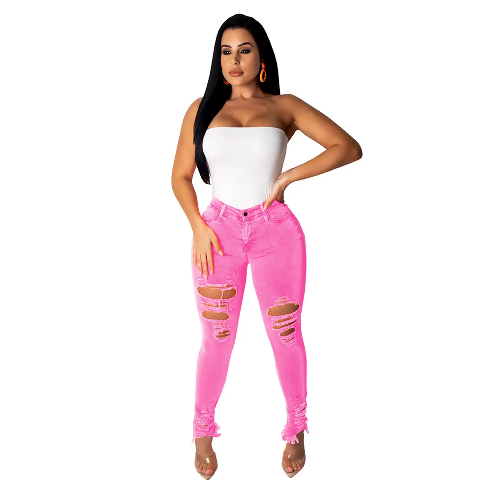pink Женские джинсы, повседневные потертые джинсы-карандаш, модные Стрейчевые джинсы с высокой талией и дырками, женская одежда, уличные брюки, джинсы - Цвет: pink