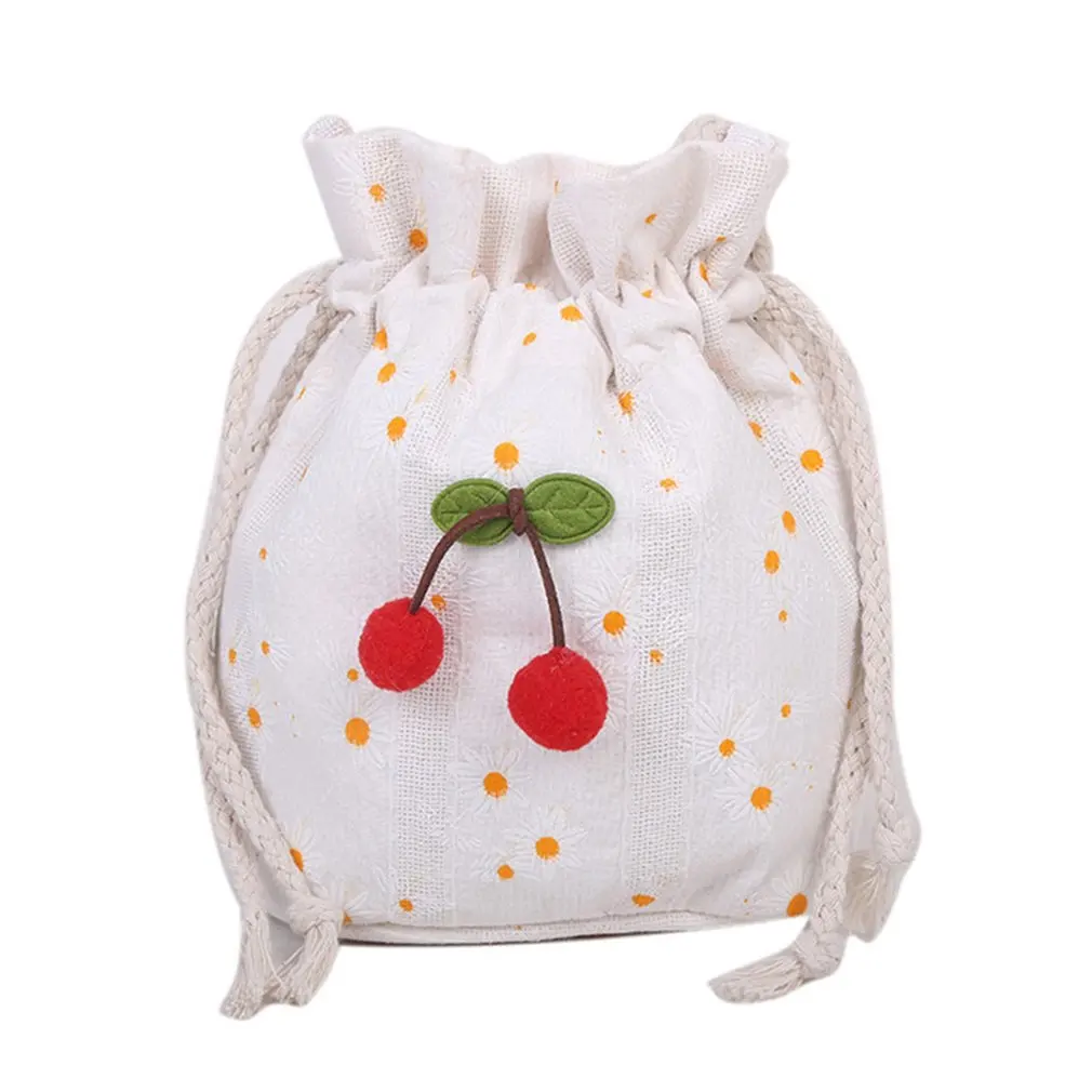 

Women's Bag Cute Cherry Canvas Shoulder Bag Girls Fashion All-match Handbags Small Bucket Cloth Bag Shopper Bag