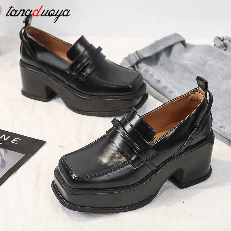 

College Style Patent Leather Platform shoes Women Ladies Slip ons Chunky Heels Casual Shoes Woman Female Creepers Mary Janes