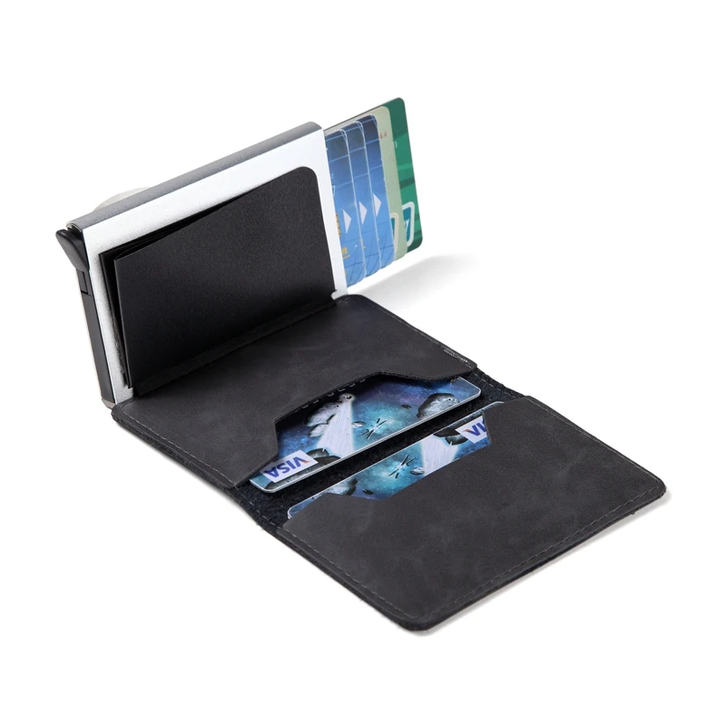 Men Wallet Automatic Credit card holder Crazy Horse Genuine Leather Aluminum Mini Wallet With Back Pocket ID Card RFID Blocking