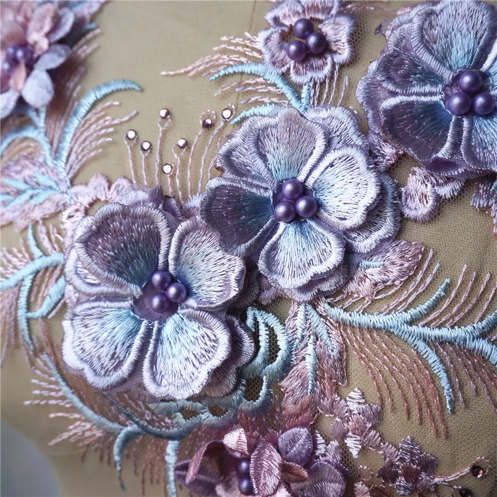 Фиолетовая 3D Цветочная кружевная ткань бусины Стразы кисточка вышитая одежда