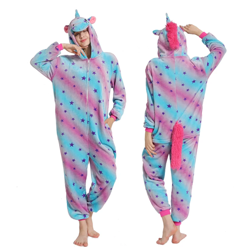 Purple star unicorn Новинка, пижама единорог, женский комбинезон, кигуруми, панда, зимняя Фланелевая пижама, кигуруми, для взрослых, ночная рубашка, стежка, единорог, одежда для сна, комбинезоны - Цвет: Purple star unicorn