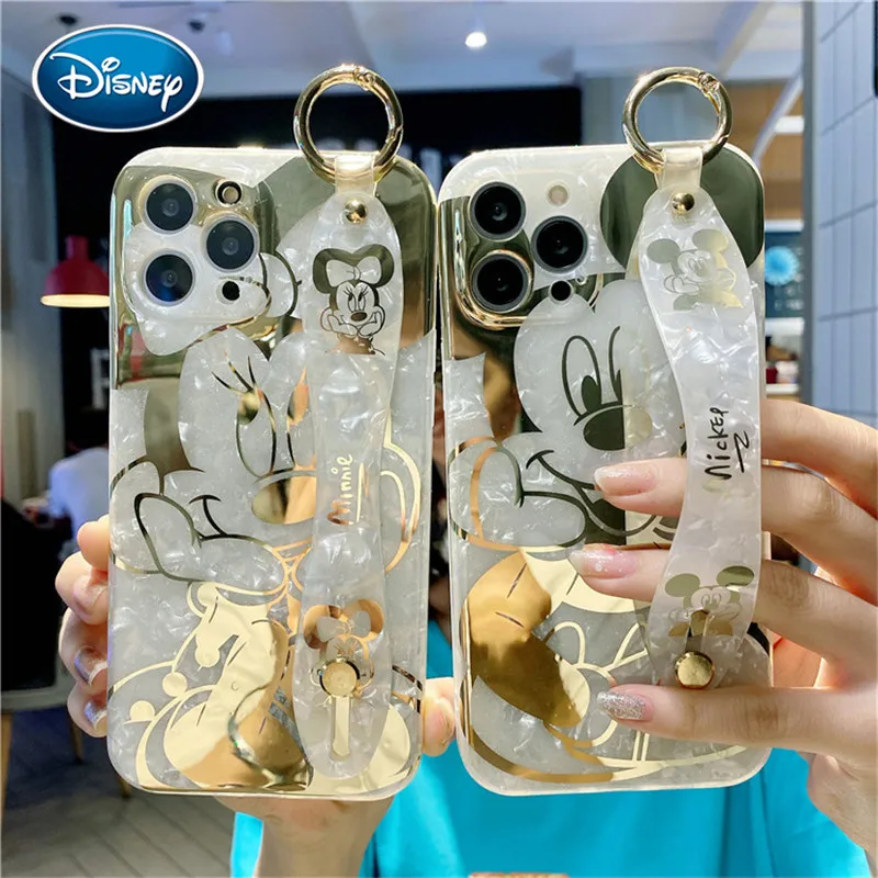 

DISNEY Mickey Minnie Mouse Bronzing Case Pattern Mobile Phone Case Wristband for iPhone 13 12 11 Pro Max Cases XR XS X 7 8 Plus