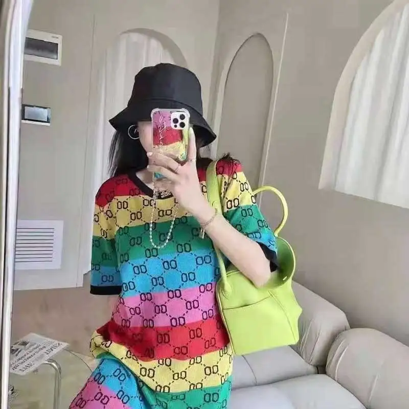 

Women Summer Knitting Colorful G Letter Dress Short Sleeve O Neck Straight Loose Dress Casual streetwear k Bodycon female Gilrs