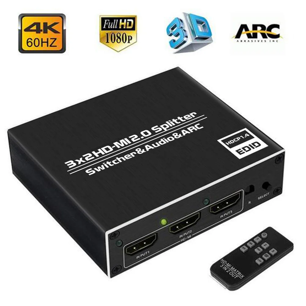 

KuWFi 4K HD-MI Splitter 60Hz Ultra HD 3X2 Matrix Switcher Switch R/L+ARC 3 Ports Inputs 2 Port Outputs with IR Remote HDCP1.4