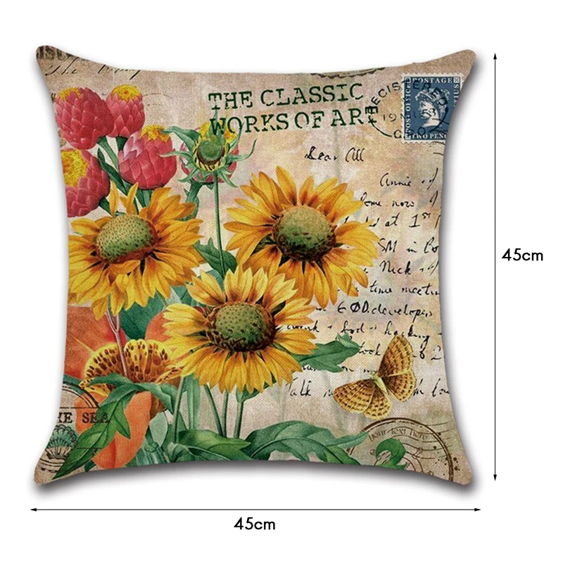 

4 PCS Vintage Style Sunflower Pillowcase Linen Pillow Cover Home Decor Square Cushion Cover Printing Pillow Case