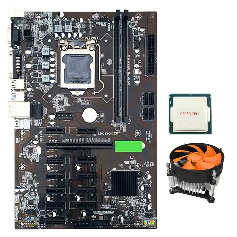 

B250 BTC Mining Motherboard LGA 1151 with G3930 CPU+Cooling Fan SATA 3.0 USB 3.0 Supports DDR4 DIMM RAM for Mining Miner