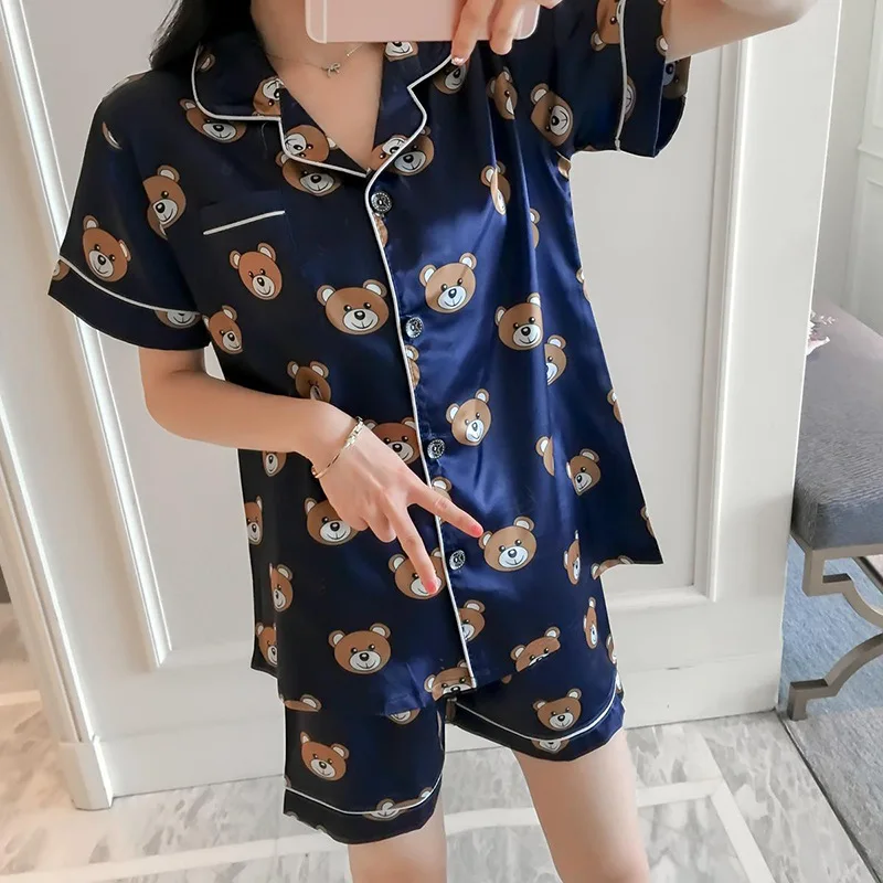 

Pajamas Set Women Summer Short-sleeved Simulation Ice Silk Thin Section Cartoon Short Pants Loose Home Service Two-piece Suit