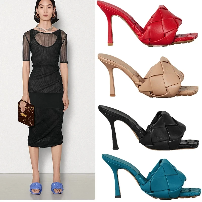 Женские тканые тапочки с квадратным носом босоножки без задника на высоком