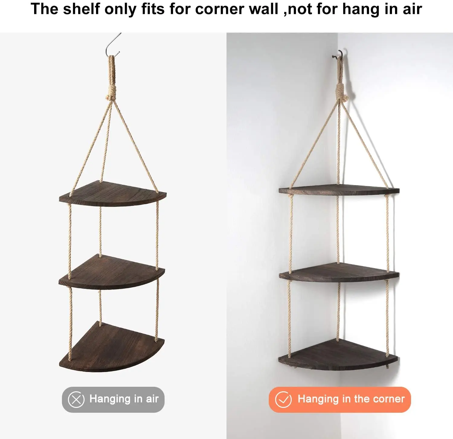 

Hanging Corner Shelf 3 Tier Jute Rope Wood Wall Floating Shelves Rustic Organizer Displays Storage Rack Home Decor for Bedroom