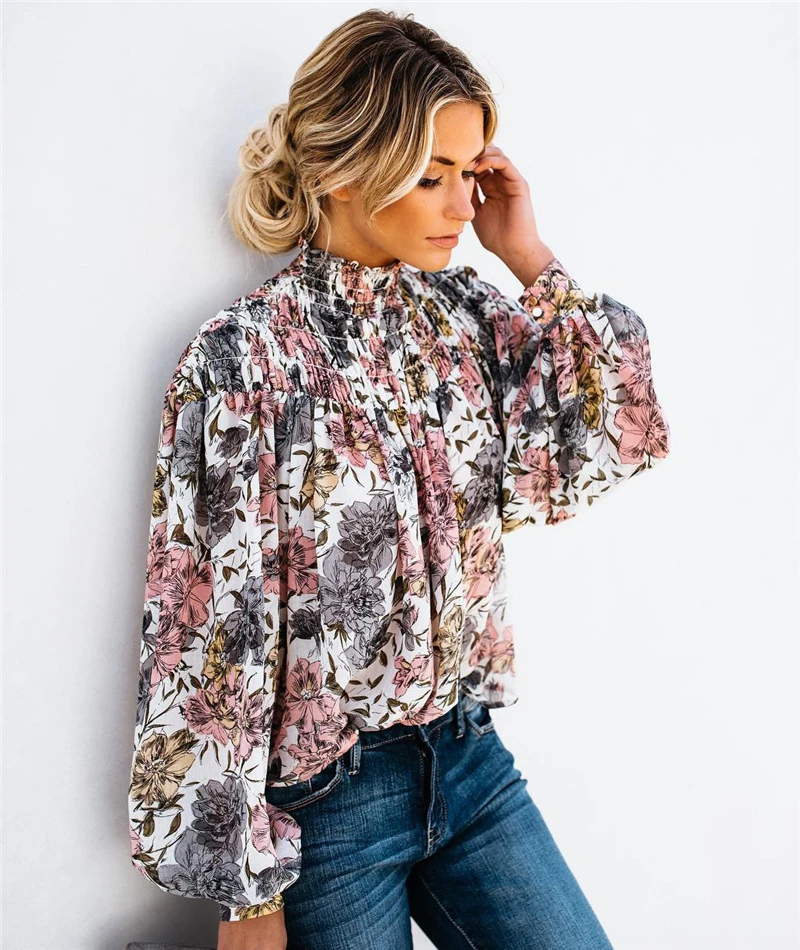 Модный с цветком с пышными рукавами блузки для женщин Boho шифоновая блузка офисные женские шорты с цветочным принтом Женская туника блуза-рубашка