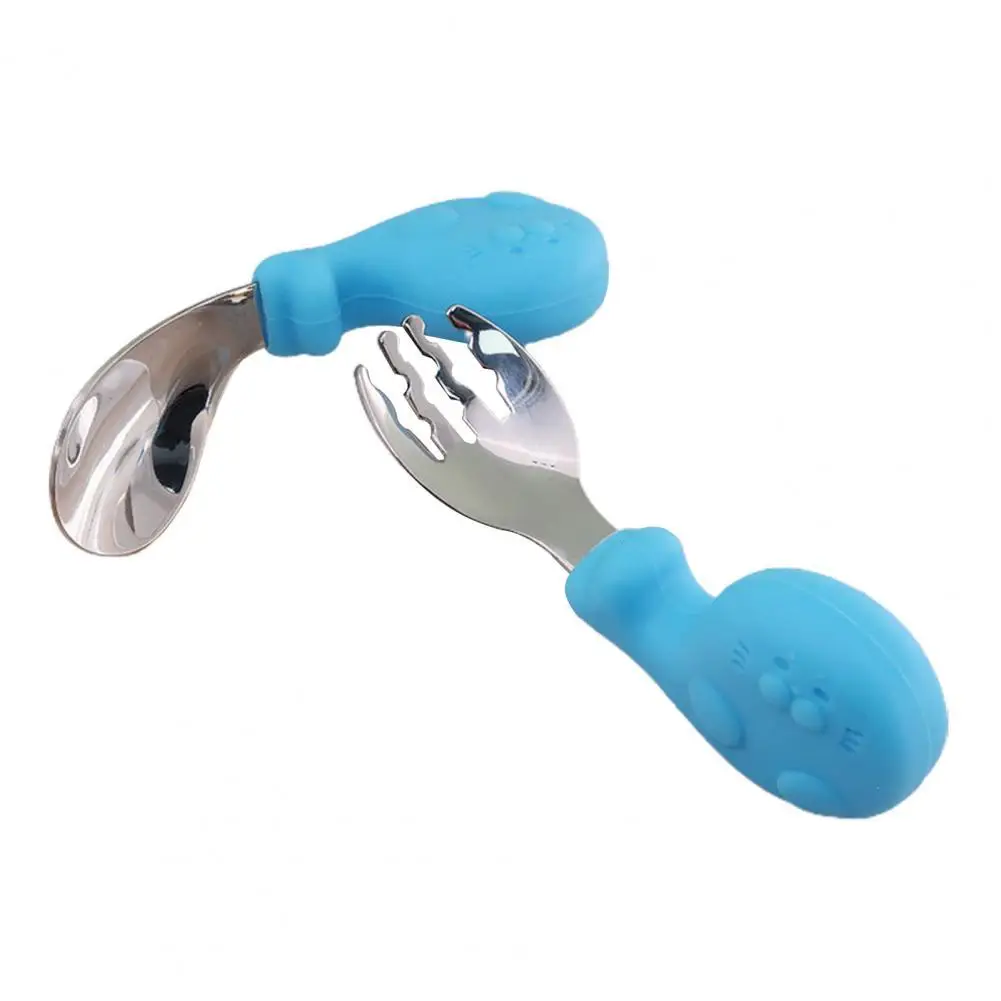 

2Pcs/Set Baby Dinnerware Cartoon Handle Anti-scald Stainless Steel Infant Silicone Licking Food Feeding Spoon Fork Home Use