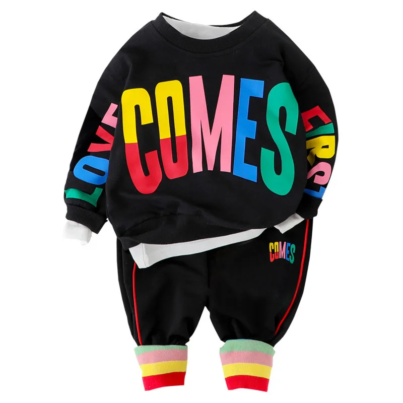 

Детский спортивный костюм, футболка с надписью, штаны, 2 шт./компл., для мальчиков и девочек, на весну и осень