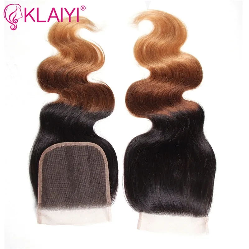 KLAIYI закрытие волос бразильское тело волна Кружева Закрытие свободная часть Remy человеческие волосы 4x4 дюймов швейцарское кружево T1B/4/27 Омбре верхнее закрытие