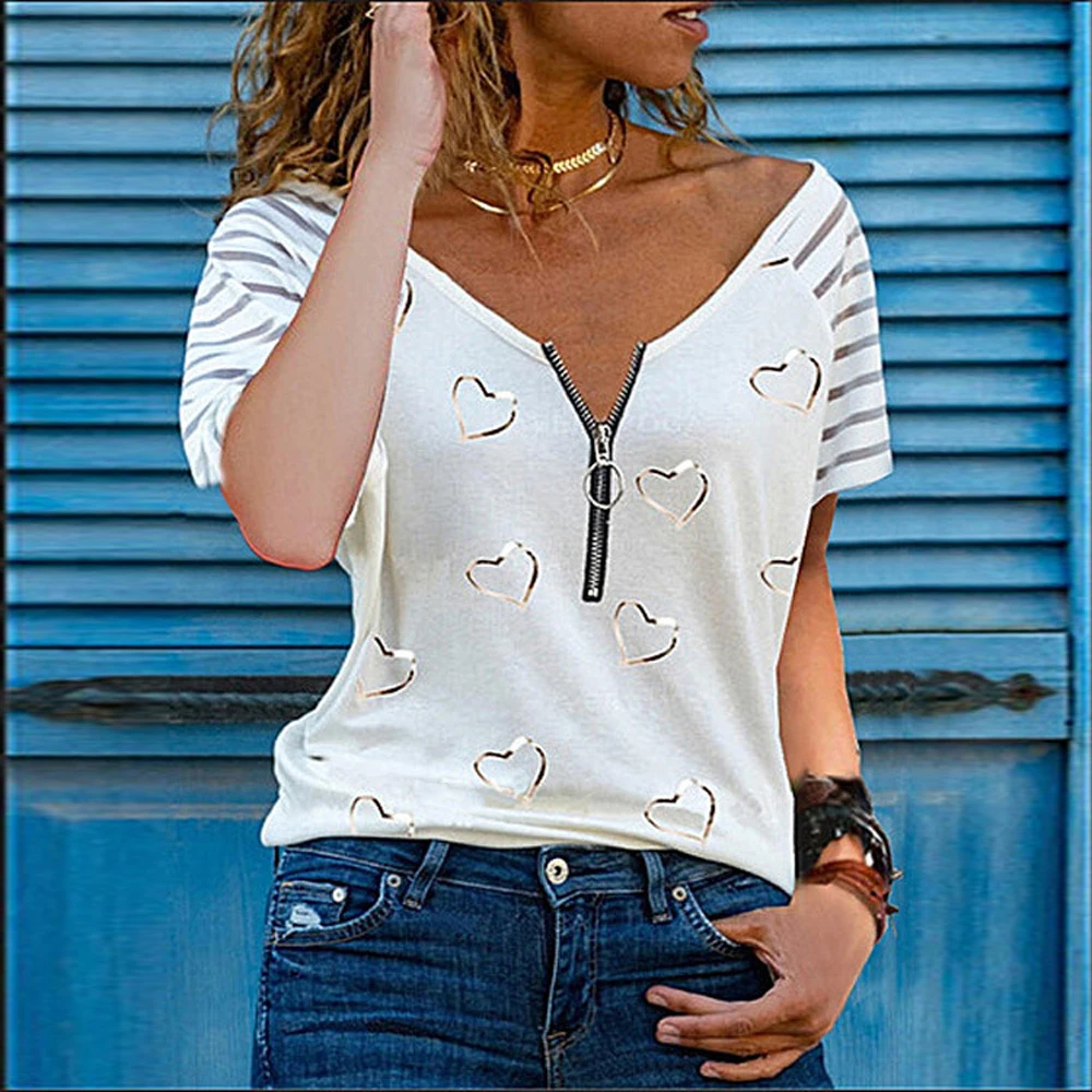 

Women Heart Striped Printed Zipper T Shirt Short Sleeve Casual Tops Loose Summer Fashion Sexy Plus Size Clothing Top De Mujer