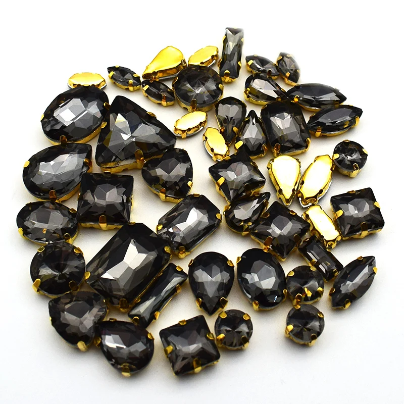Хит продаж стеклянные стразы смешанной формы с золотыми кристаллами и серыми