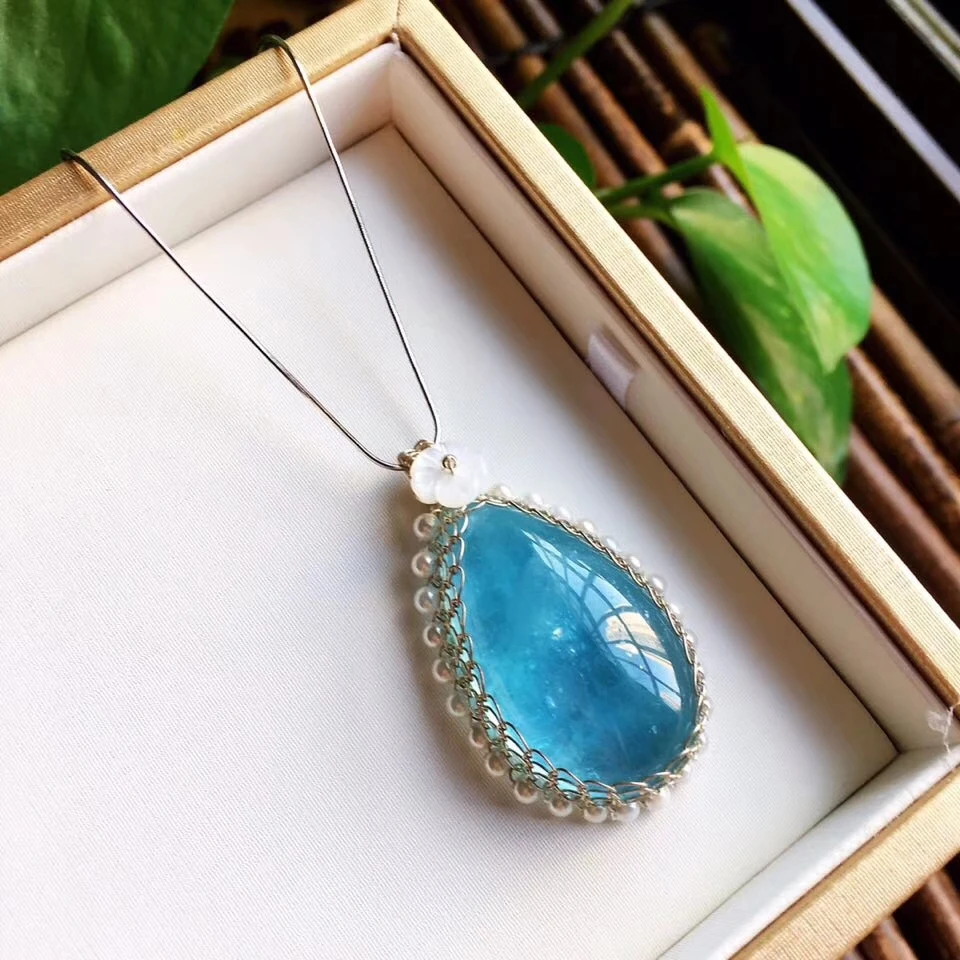 Натуральный Синий Аквамарин для женщин и мужчин подвеска с прозрачными бусинами