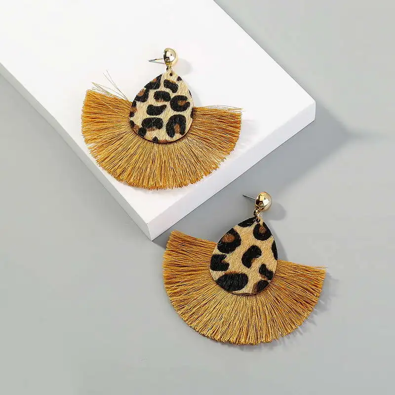 

Bohemia Tassel Leopard Pattern Earrings for Women Semicircle Fan Tassel Statement Earrings Female Jewelry