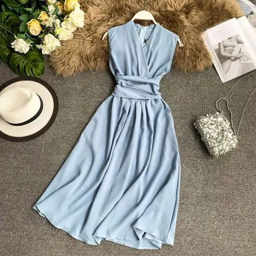 light blue Женское сексуальное летнее платье с v-образным вырезом, без рукавов, с перекрестными лямками, тонкое, одноцветное, элегантное, Vestidos F076 - Цвет: light blue