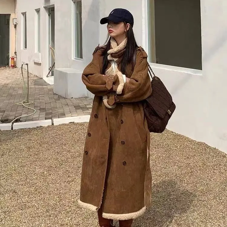 2021 Winter Women Cashmere Lamb Wool Coat Female New Mid-length Loose Jacket Casual Double-breasted Belt Lapel Women Coat