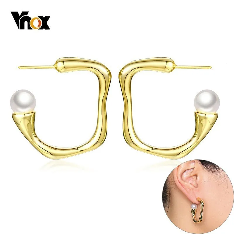 Vnox Chic Street Wear Hoop Earrings for Women Gold Tone Copper Simulated Pearl Stylish Irregular Shape Girl Boucles d'oreilles |