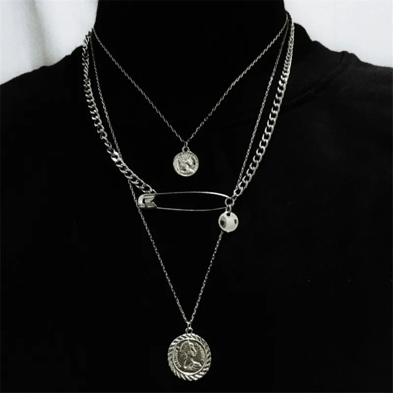 Head Pin Silver Женское многослойное ожерелье KMVEXO, серебряные цепи с крестиком - Окраска металла: Head Pin Silver