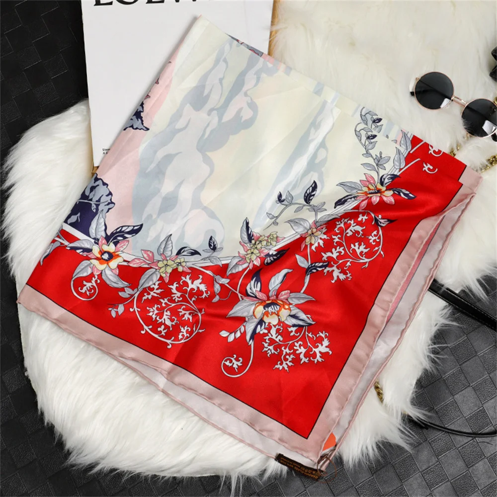 

90cm Manual Hand Rolled Twill Silk Scarf Women Lake Flowers Square Scarves Wraps Echarpes Curled Foulards Female Bandana Hijabs