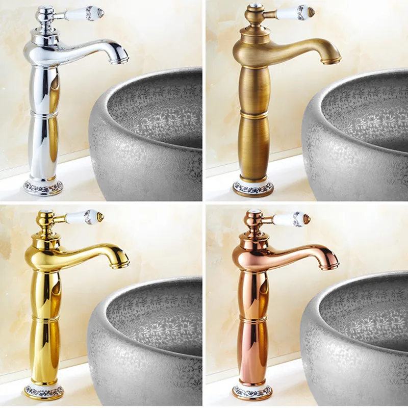 

Gold Basin Sink Taps Deck Mounted Single Handle Bathroom Faucet Golden Ceramic Brass Washbasin Tap