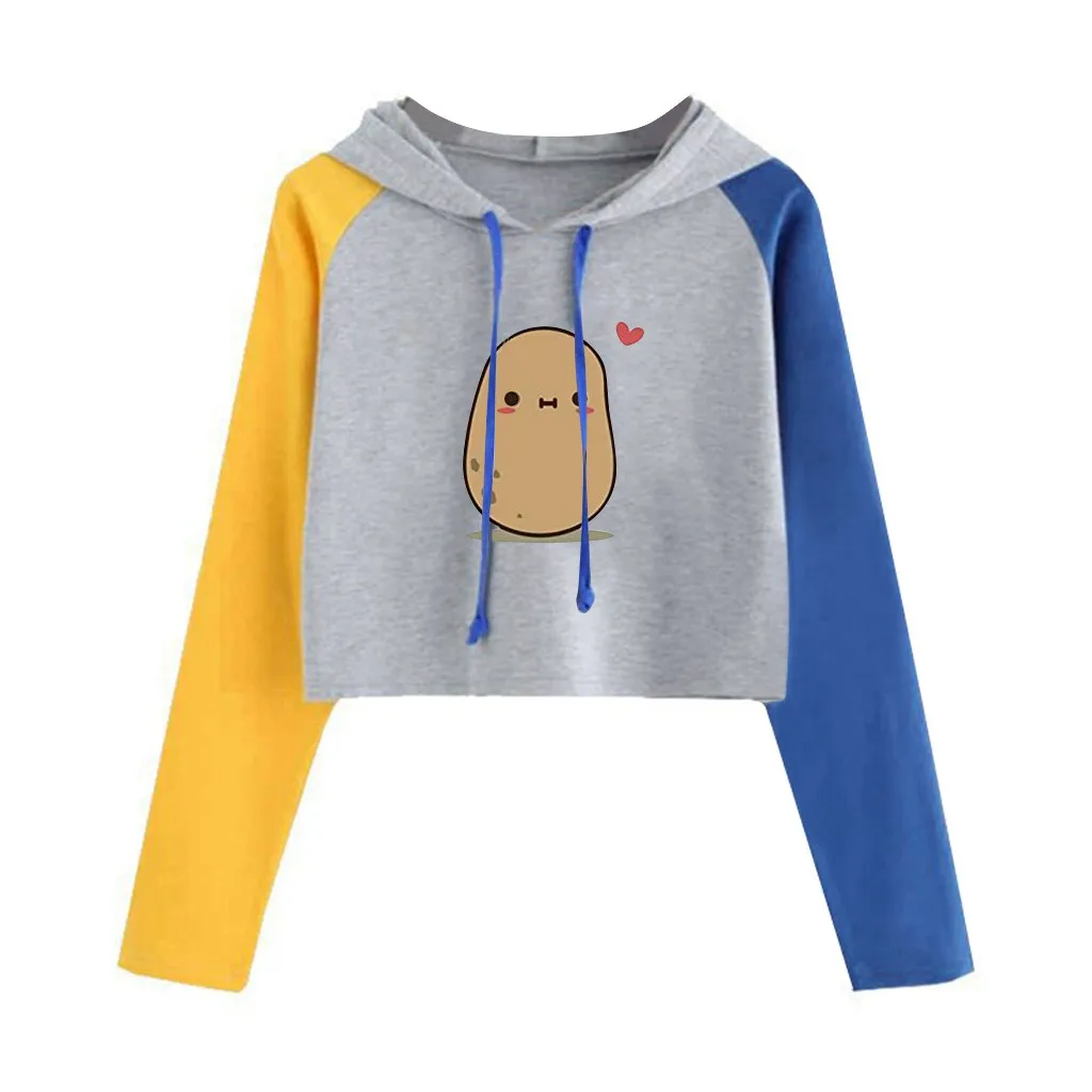 

Короткая толстовка с капюшоном, женская, с длинным рукавом, с аниме, пуловер, с милым принтом, цветные блоки, толстовка, топ, каваи, рубашка, то...